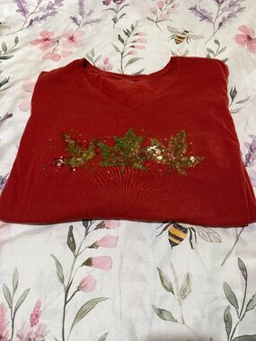 4X NWOT Catherines 3/4 Sleeve Sequin Maple Leaf Rust Top Hits Scoop Back Hem